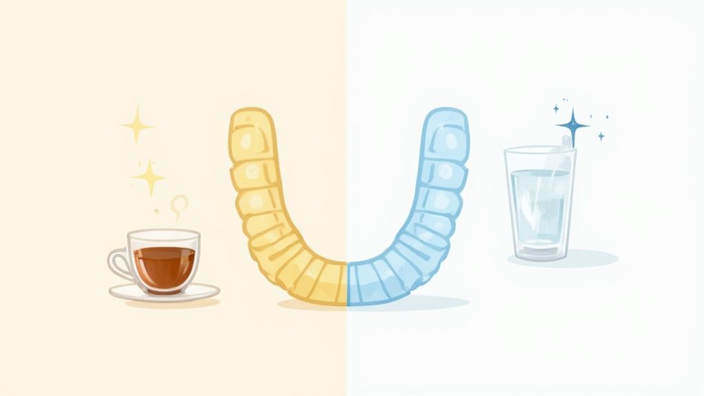 Yellow stained dental aligner next to coffee contrasted with a clean blue aligner by water.