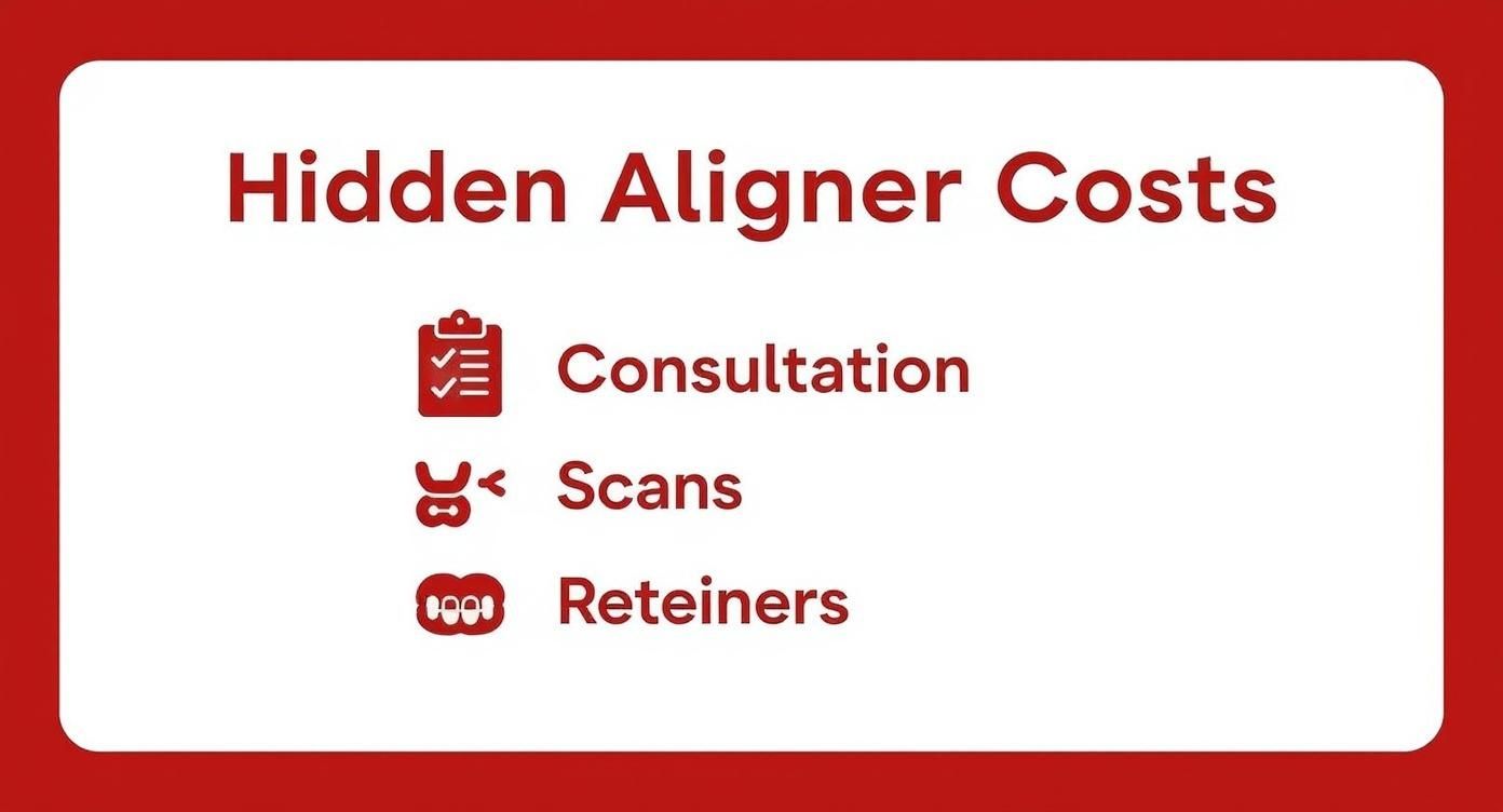 A list of hidden costs for aligner treatment, detailing consultation, scans, and retainers.