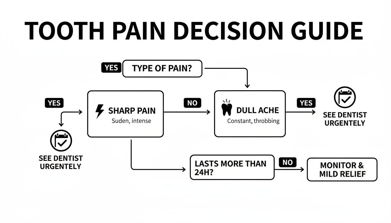 A flowchart guiding decisions for tooth pain based on type (sharp, dull) and duration, suggesting urgent dental care or monitoring.