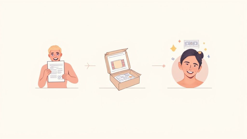 Illustrated process showing person with document, subscription box, and happy customer receiving beauty products