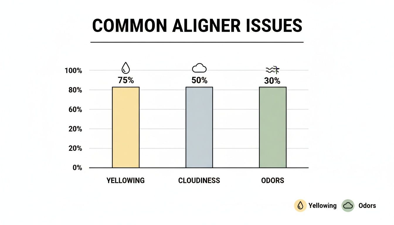 Bar chart illustrating common aligner issues, including yellowing (75%), cloudiness (50%), and odors (30%).