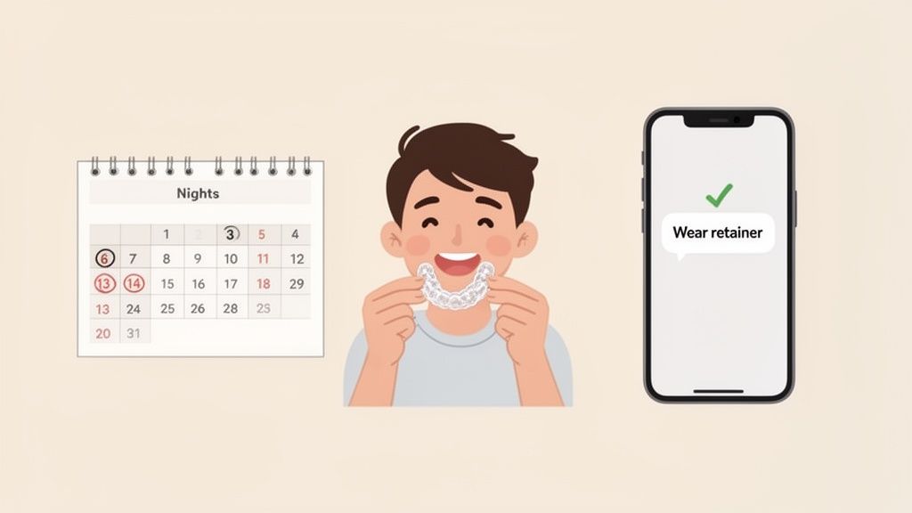 Illustration of a man with a clear dental retainer, a calendar, and a smartphone reminder.