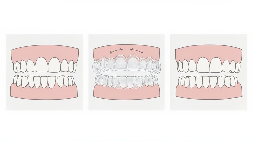 Illustration shows three stages of teeth: misaligned with a gap, with clear aligners, and straightened.