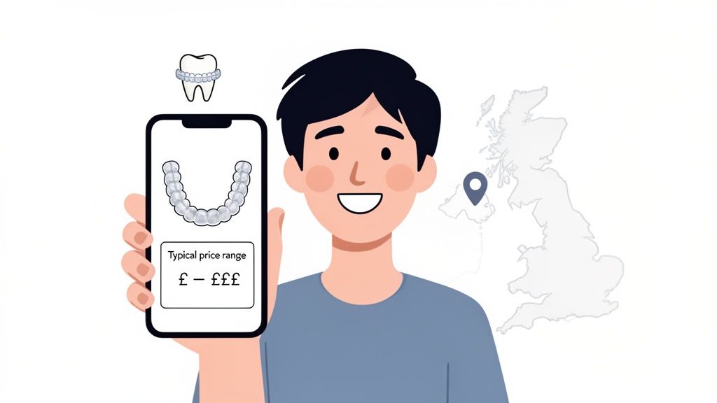 Smiling person holding a phone showing clear aligners, price range, and a UK map with a location pin.