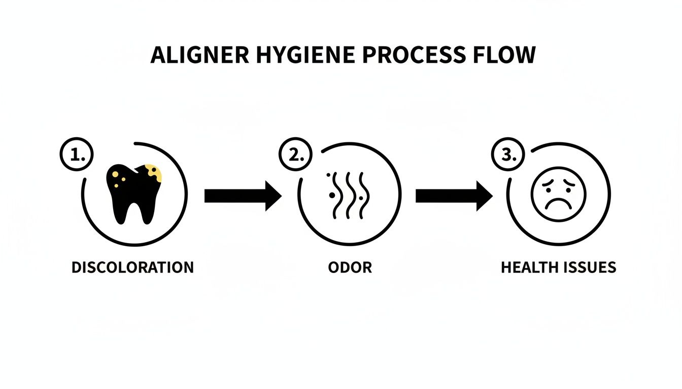 Process flow diagram showing aligner hygiene issues: discoloration, odor, and health problems.