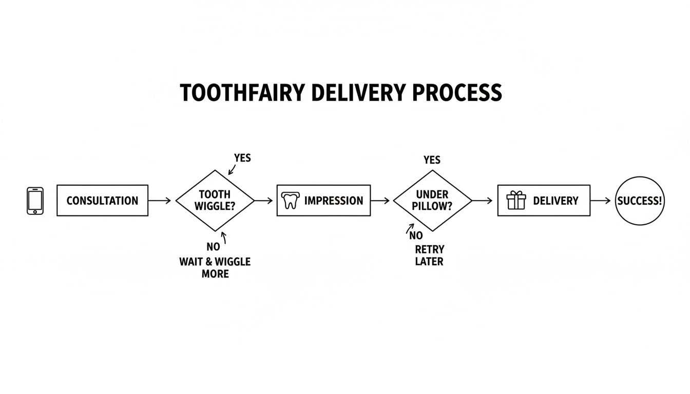 A humorous flowchart illustrating the Toothfairy delivery process from consultation to successful delivery.