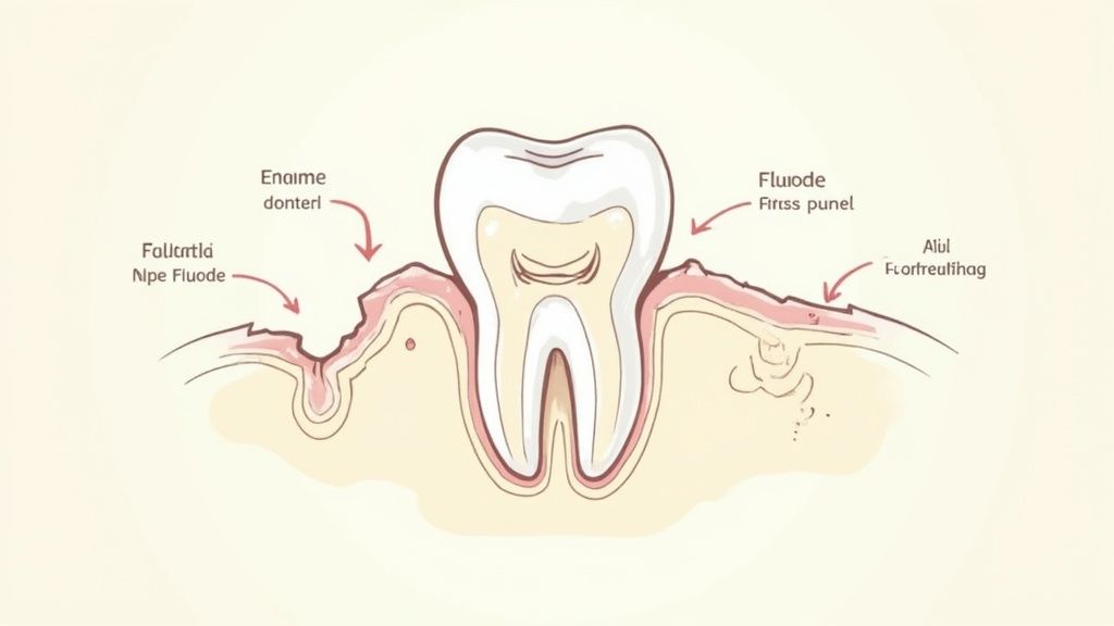 A microscopic view showing the strengthening of tooth enamel after fluoride application.