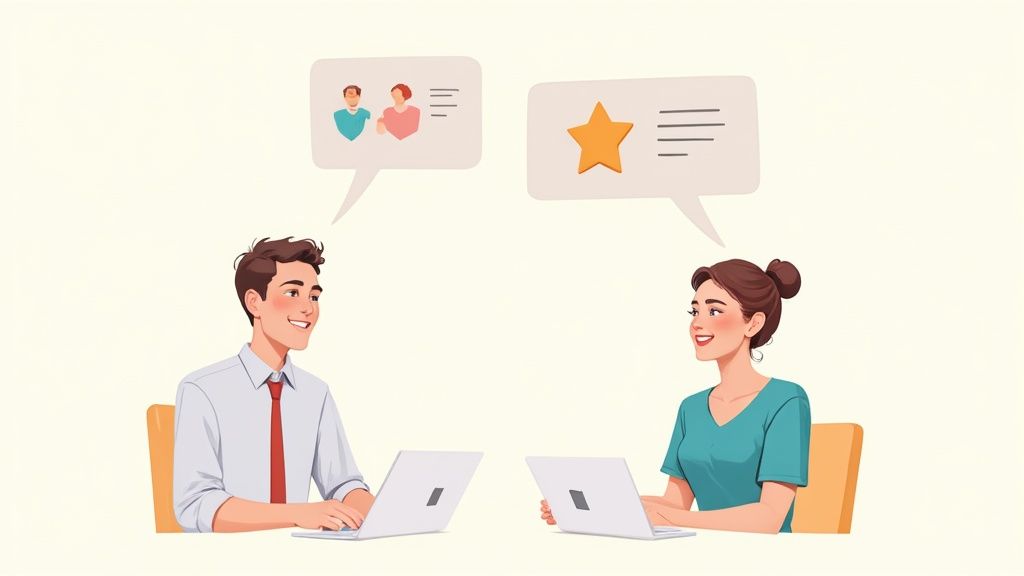 A manager and an employee having a constructive, positive conversation in a bright office space.