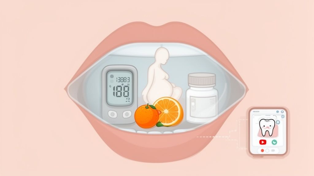 Inside an open mouth, a glucose meter, pregnant figure, oranges, and medicine bottle are shown, connecting to a phone with a tooth.
