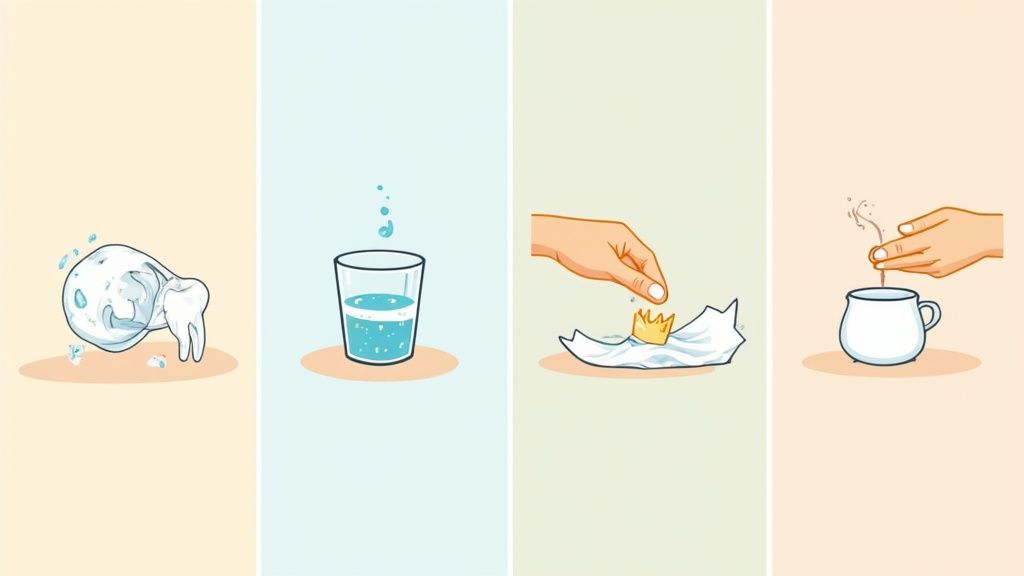 Four illustrations depicting dental-related themes: a tooth, a glass of water, a crown, and a hot beverage.