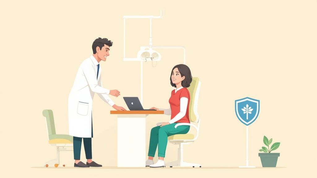 A woman with a healthy smile talking to her dentist.