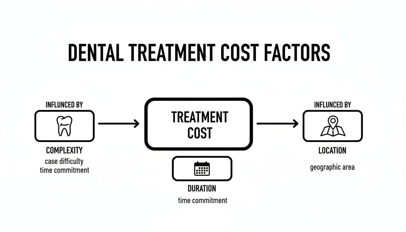 A diagram illustrating the factors influencing dental treatment costs: complexity, duration, and location.