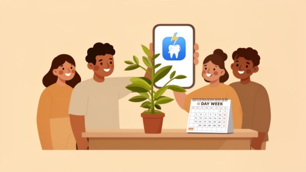 Four diverse people smiling, celebrating a healthy lifestyle with a dental app and a calendar showing '4 Day Week'.