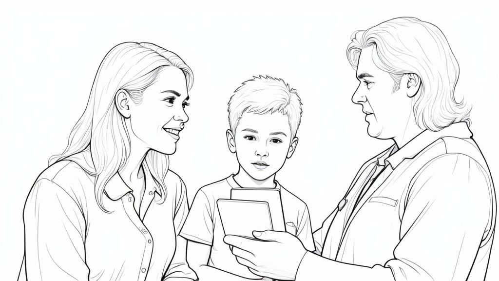 A young child smiling while a dentist checks their teeth