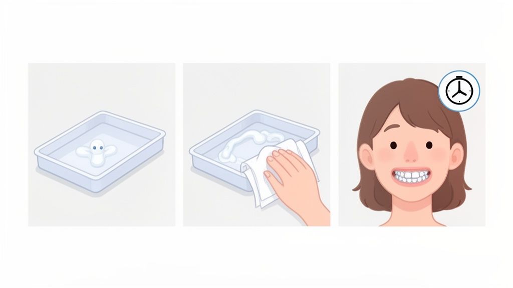A three-step illustration showing a dental tray being cleaned, leading to bright white teeth.