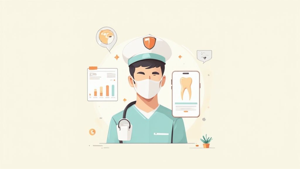 Dentist wearing mask with digital health icons, charts, tooth image and stethoscope illustration