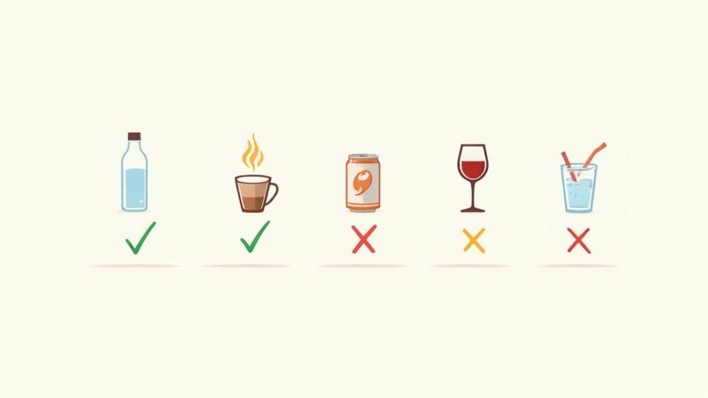 A visual guide showing acceptable (water, hot coffee) and unacceptable (soda, wine, cold drink) beverages.