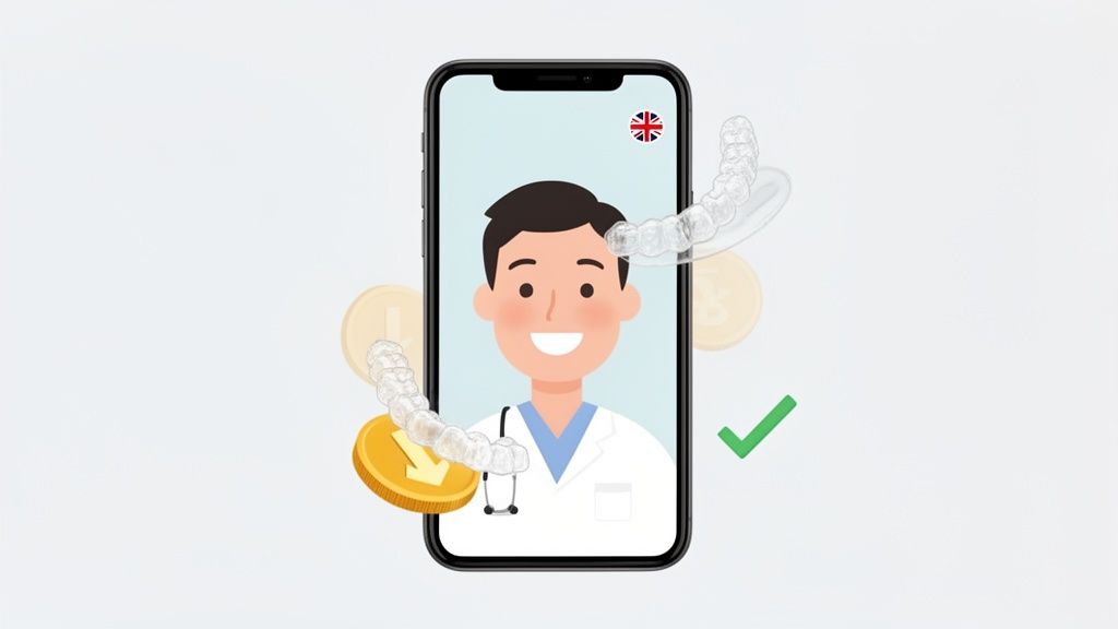 A smartphone shows a smiling doctor, surrounded by clear aligners, coins, a UK flag, and a green checkmark.
