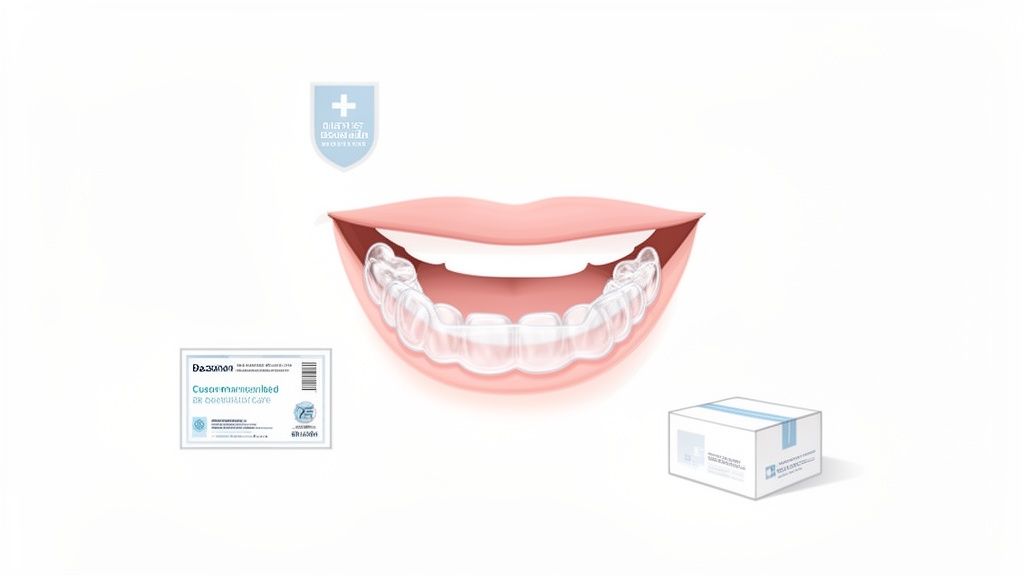 Illustration of a smiling mouth with clear dental aligners, a dental care card, and a medical shield.
