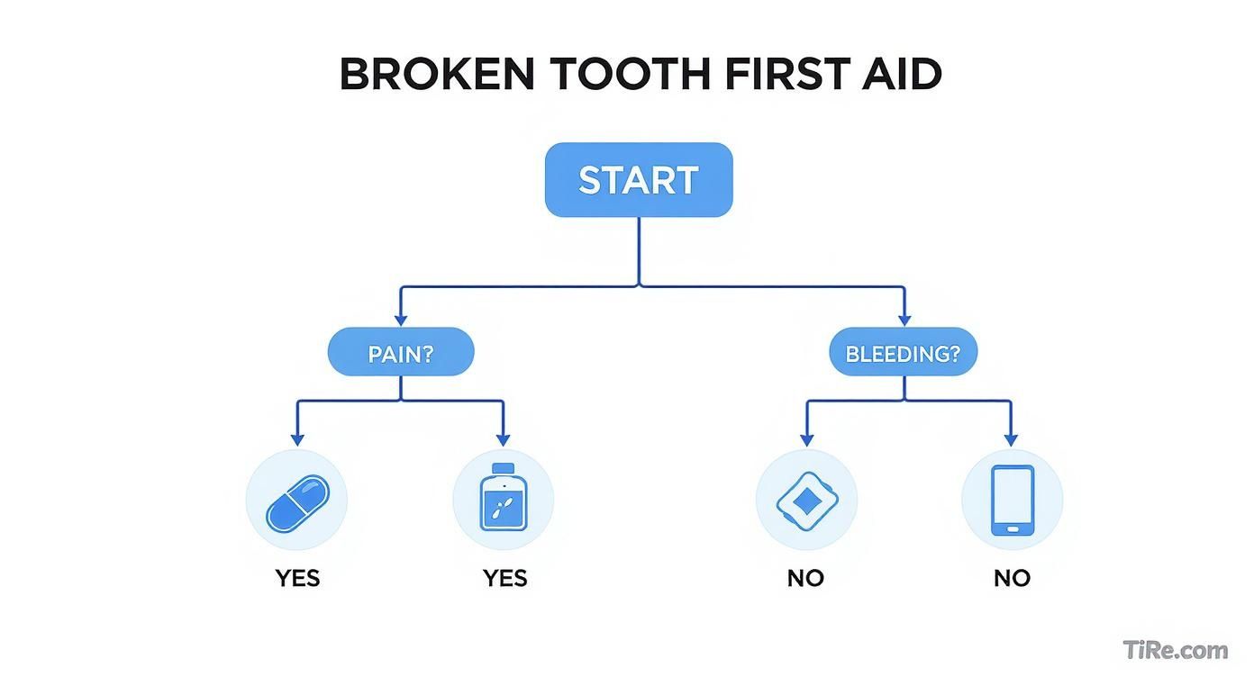 Broken tooth first aid flowchart detailing steps for pain and bleeding management.