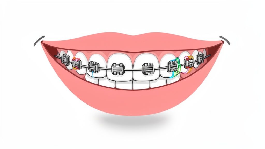 Smiling cartoon mouth with white teeth and colorful metal braces, illustrating orthodontic treatment.