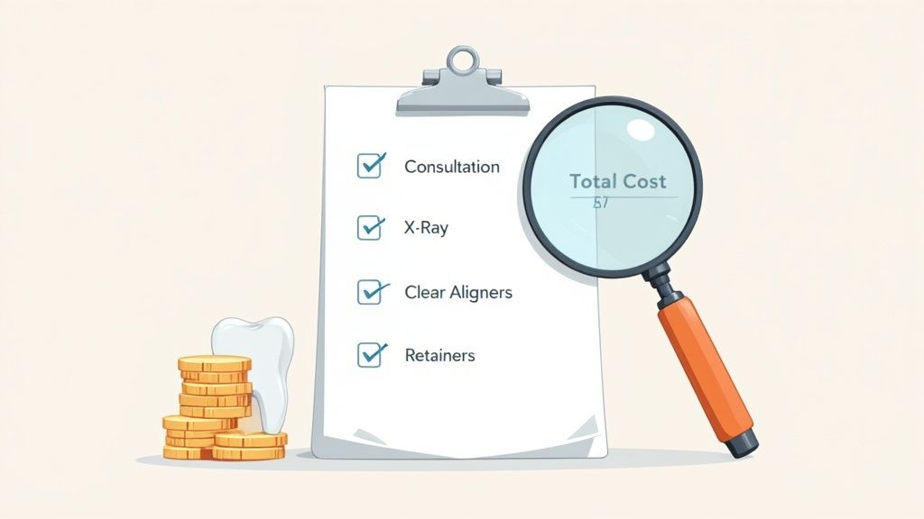Clipboard showing orthodontic treatment checklist with costs, magnifying glass, coins, and tooth illustration