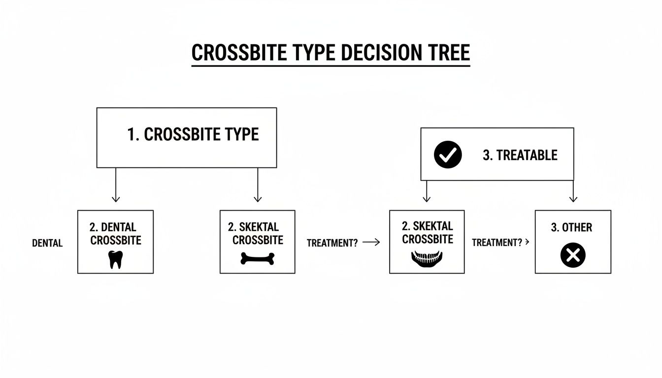 A decision tree flowchart illustrating crossbite types, categorizing them as dental or sketal, and assess their treatability.