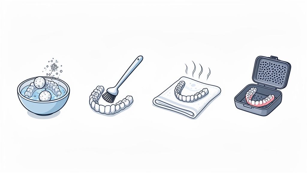 Four steps illustrating the process of cleaning dental retainers: soaking, brushing, drying, and storing.
