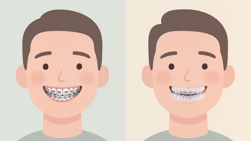 Two cartoon men smiling show different dental braces: traditional metal braces and clear aligners.