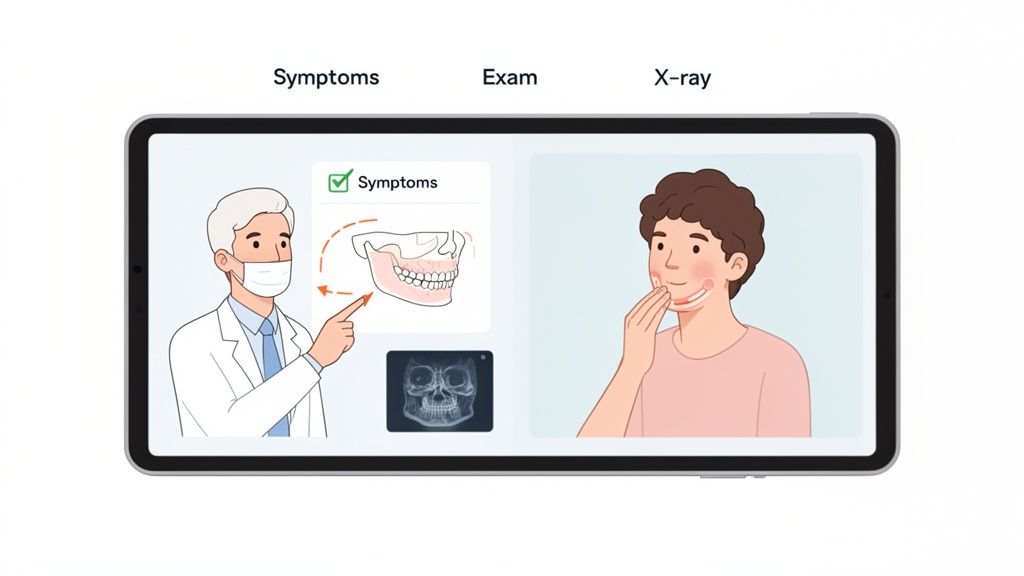 A doctor and patient on a tablet screen, discussing jaw pain with diagrams and an X-ray.