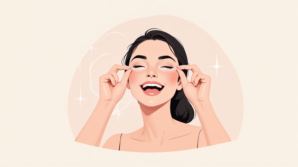 A happy woman with dark hair applies under-eye patches or cream, smiling with closed eyes during her skincare routine.