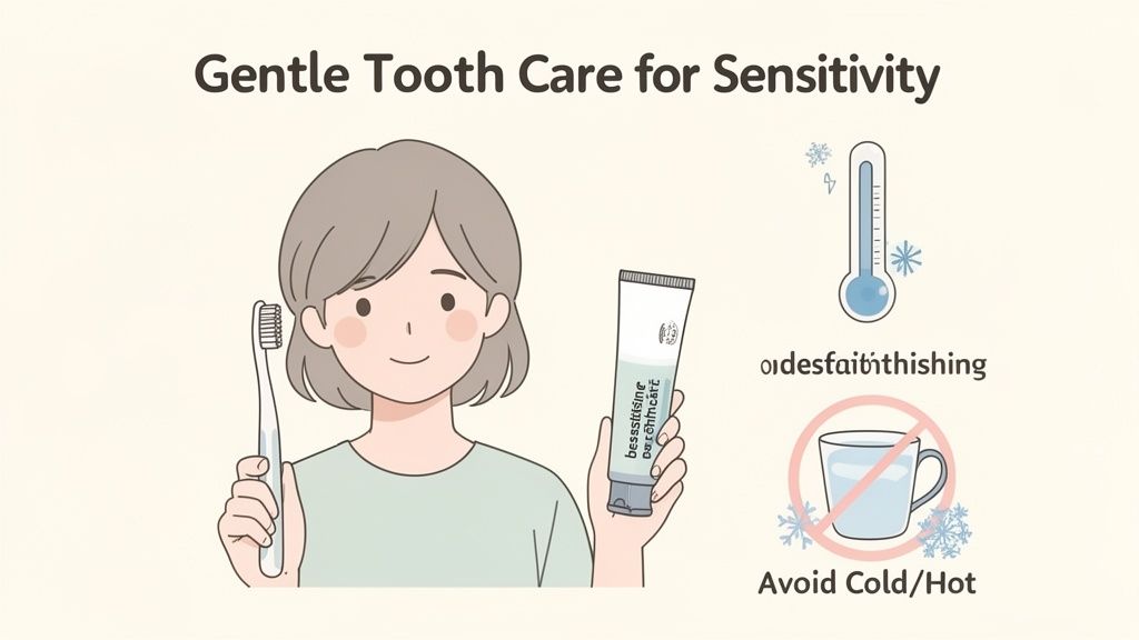 Illustration of a woman with a toothbrush and sensitivity toothpaste, offering tips to avoid cold/hot for sensitive teeth.