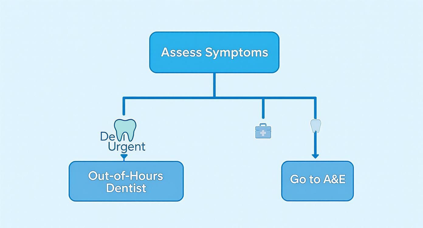 Flowchart illustrating symptom assessment guiding urgent dental care or emergency room visits.