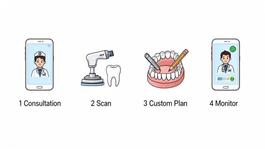 Four steps of at-home dental care: mobile consultation, scan, custom plan, and remote monitoring.