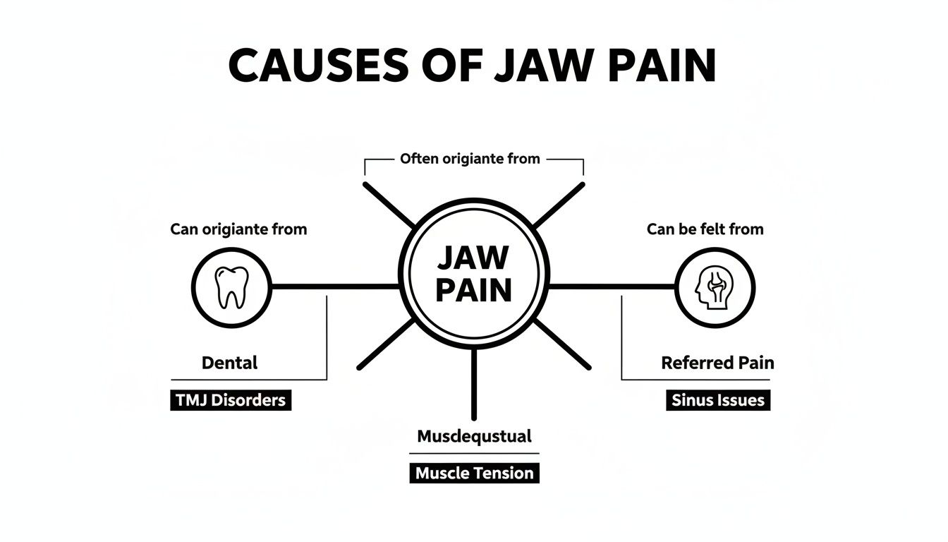 A diagram titled 'CAUSES OF JAW PAIN' showing various origins like dental issues, TMJ disorders, muscle tension, and sinus problems.