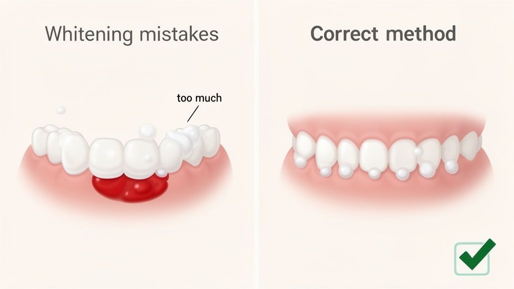 Illustration comparing incorrect and correct teeth whitening application, showing excessive product causing gum irritation versus precise application.