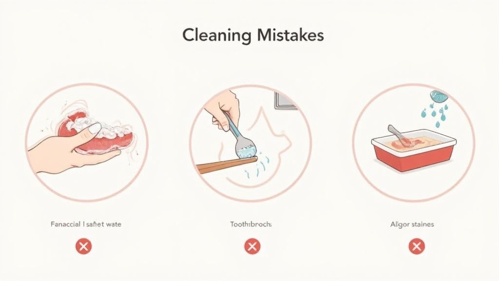 Three illustrations depict common mistakes when cleaning dental appliances like dentures or aligners.