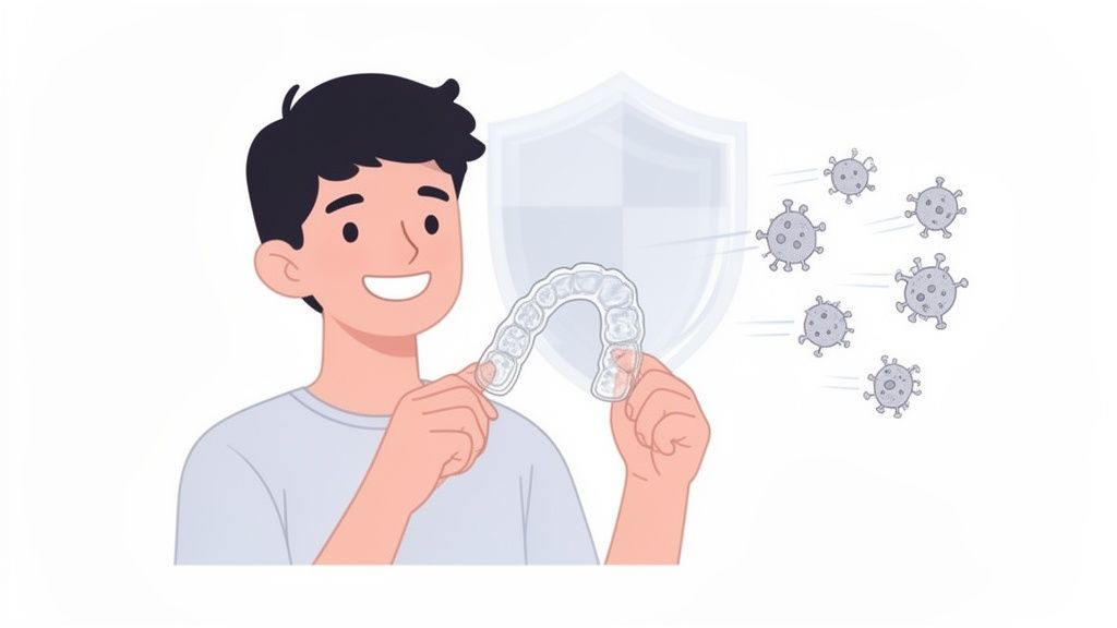 A smiling person holds a clear dental retainer, symbolizing protection against viruses with a shield.