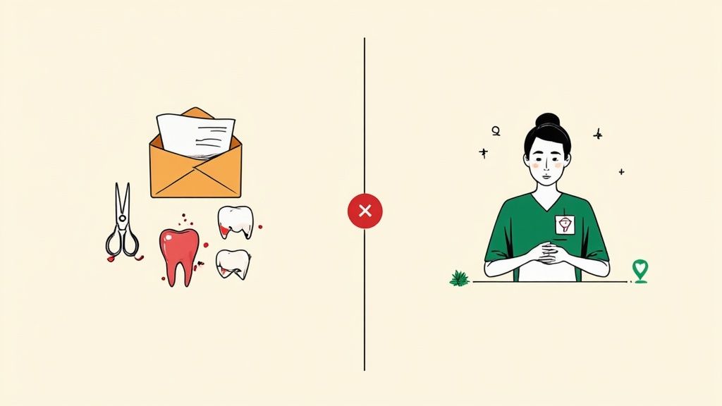 Illustration contrasting bad dental outcomes like bloody teeth and scissors with professional, caring dental treatment.