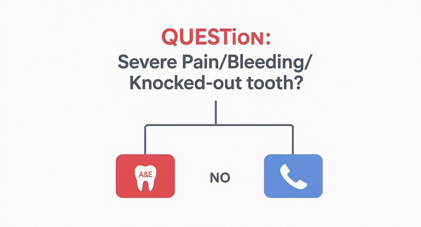 Flowchart for dental emergency, asking about severe pain, bleeding, or knocked-out tooth, directing to A&E or phone.