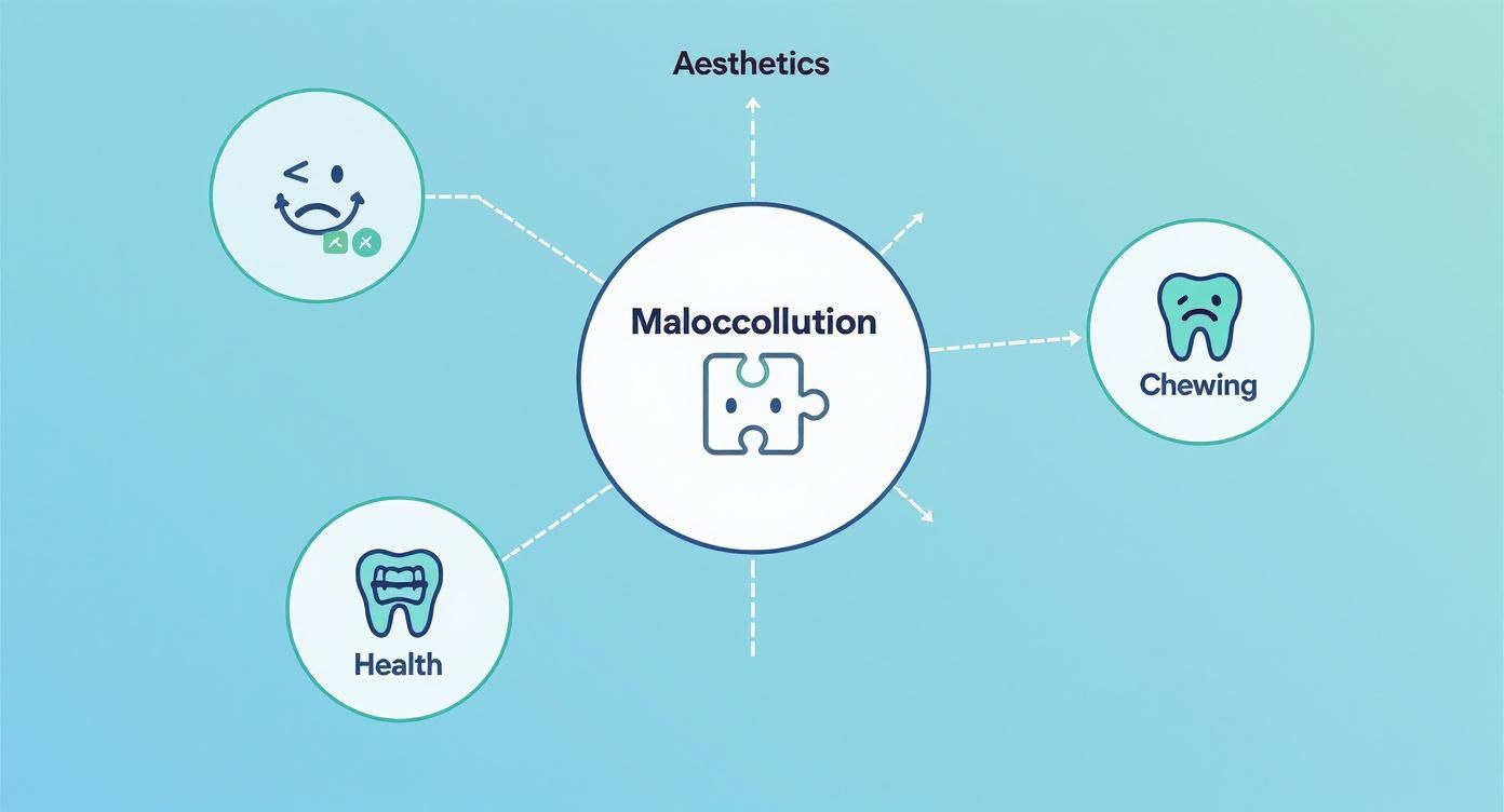 Diagram showing malocclusion connections to aesthetics, chewing ability, and dental health outcomes