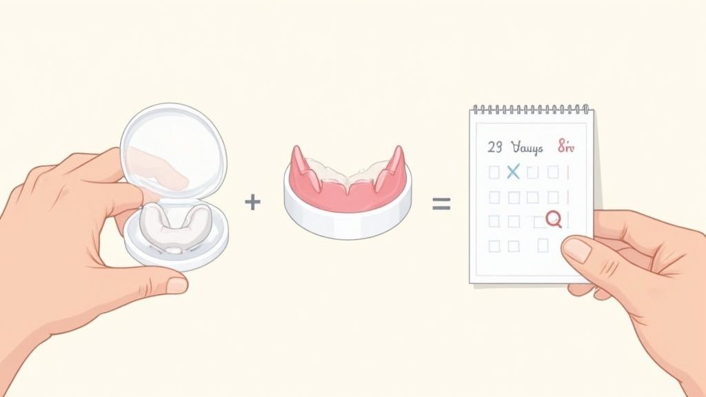 A cartoon shows dental aligners in a case, a mouthguard, and a calendar tracking treatment progress.