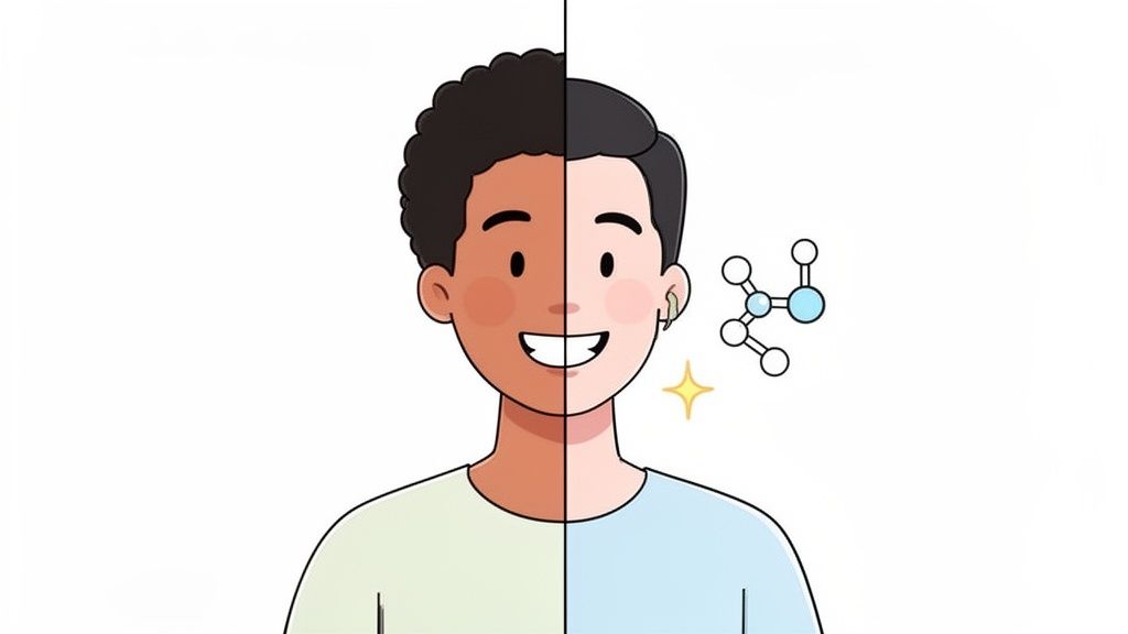 Split illustration of a smiling person's face, showing a darker and lighter complexion side-by-side.