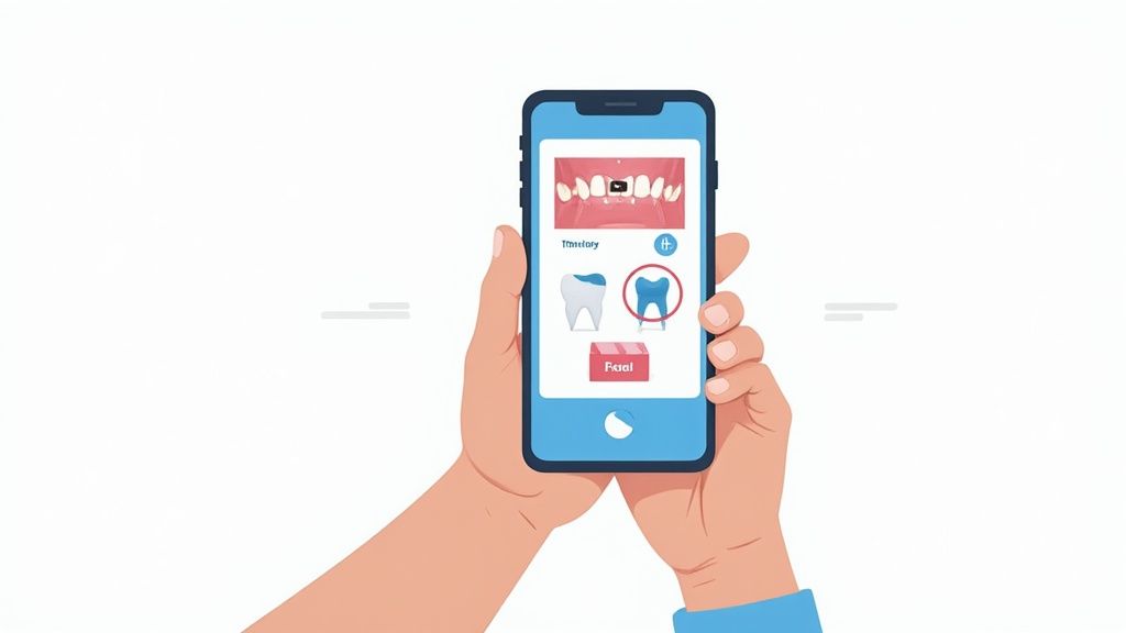 A hand holds a smartphone displaying a dental app with teeth illustrations and treatment options.