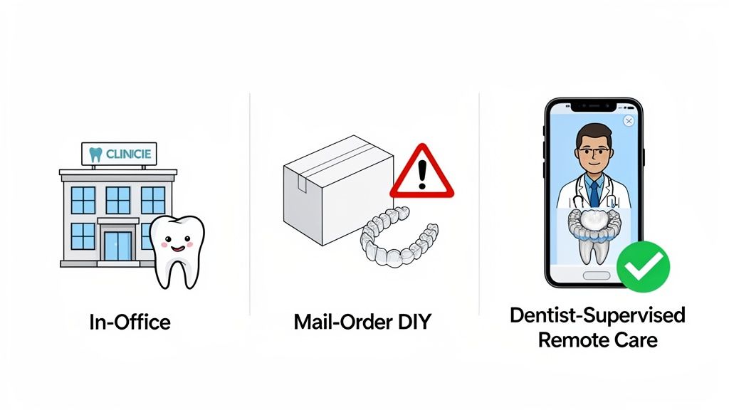 Three dental care options for aligners: traditional in-office, risky mail-order DIY, and dentist-supervised remote care.