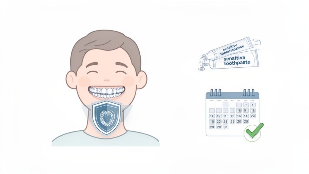 A smiling person with dental aligners protected by a shield, sensitive toothpaste, and a treatment calendar.