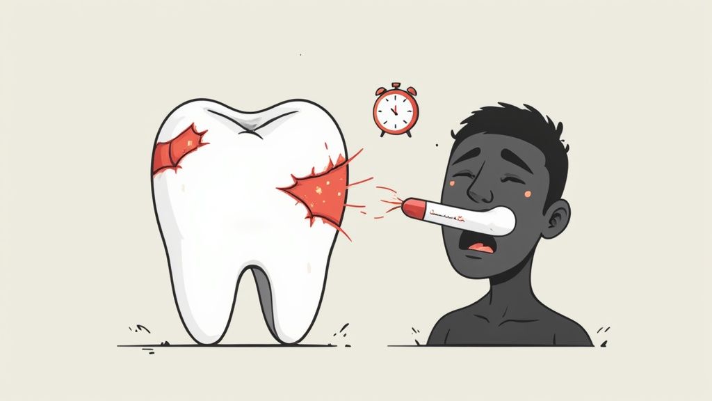 Cartoon of a pained person with a thermometer, suffering from a large, damaged tooth.
