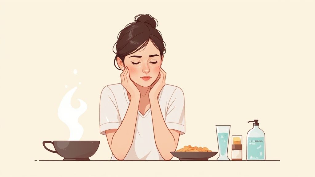 A cartoon illustration of a serene woman, eyes closed, resting her face in her hands at a table with food.