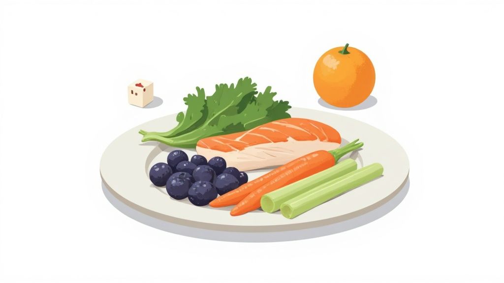 A healthy meal on a plate featuring salmon, blueberries, carrots, celery, leafy greens, and an orange.