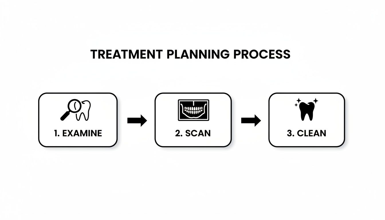 Flowchart outlining the three-step dental treatment planning process: examine, scan, and clean.